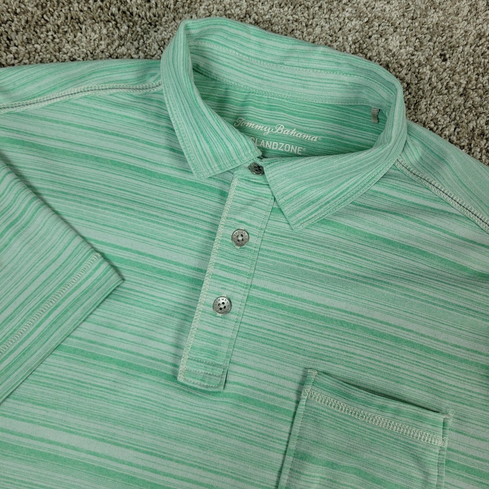Tommy Bahama Island Zone Mens Medium Green Striped Performance Stretch Polo SS